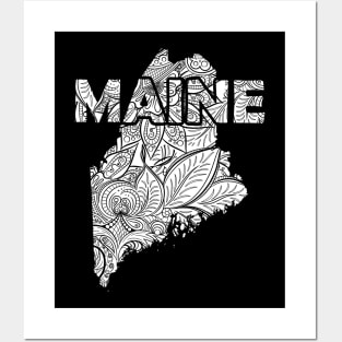 Mandala art map of Maine with text in white Posters and Art